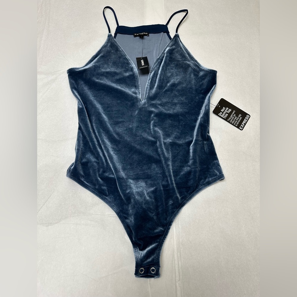 Express Velvet V-Neck Bodysuit in Deep Blue